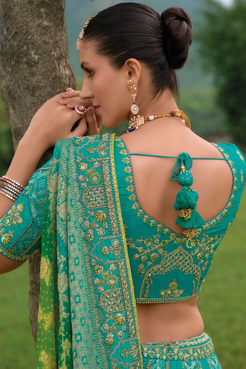 Turquoise Bridal Sangeet Silk Lehenga Choli Set SFSJDN25205