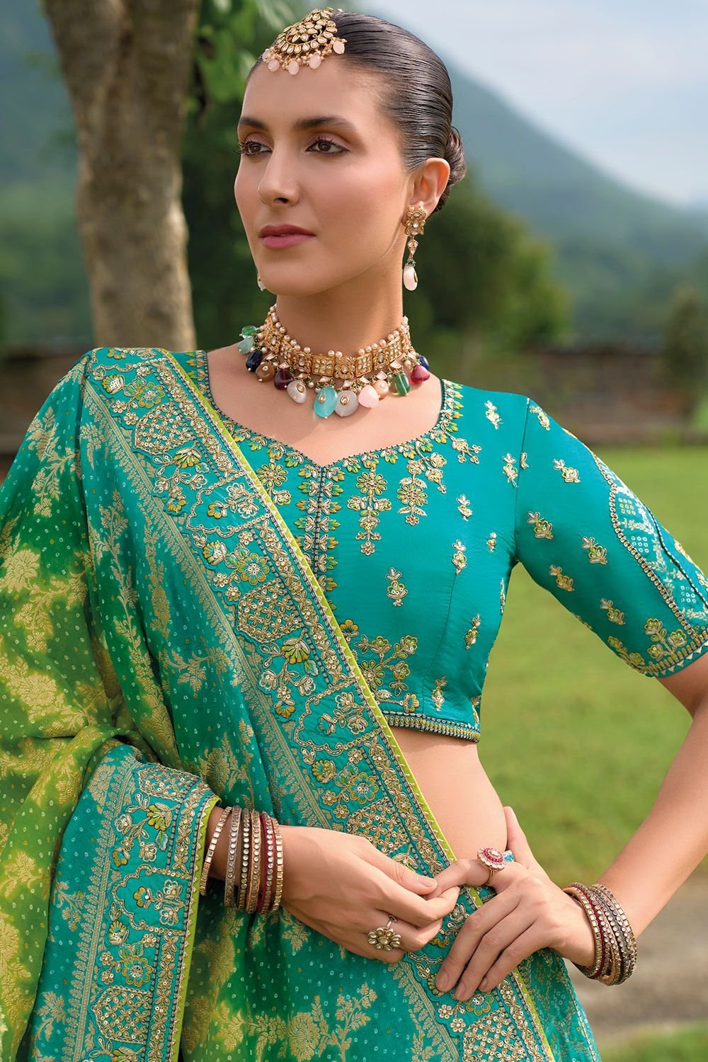 Turquoise Bridal Sangeet Silk Lehenga Choli Set SFSJDN25205