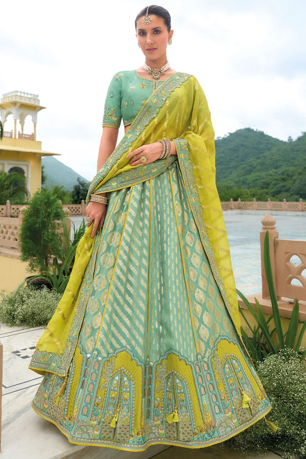 Turquoise Bridal Sangeet Silk Lehenga Choli Set SFSJDN25206