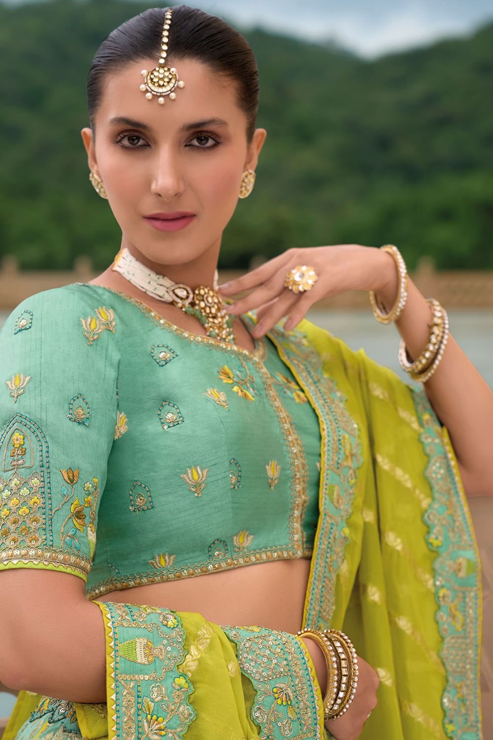 Turquoise Bridal Sangeet Silk Lehenga Choli Set SFSJDN25206