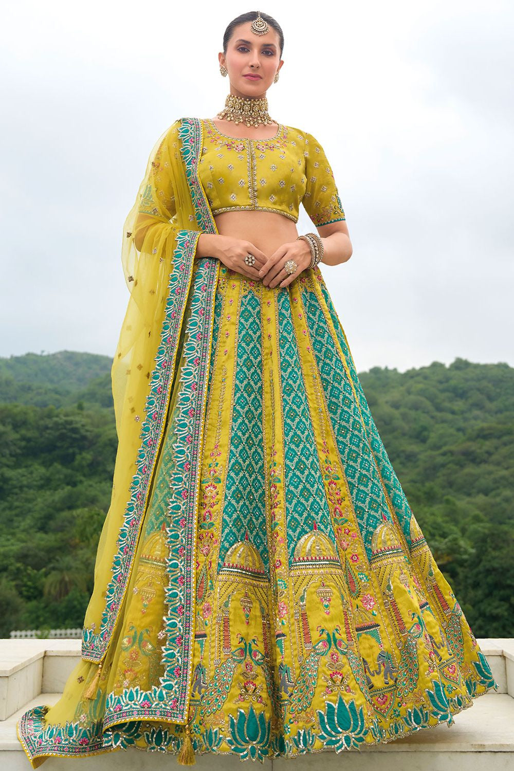 Turquoise Bridal Sangeet Silk Lehenga Choli Set SFSJDN25208