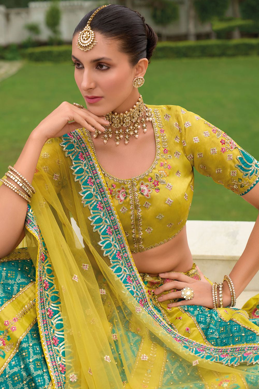 Turquoise Bridal Sangeet Silk Lehenga Choli Set SFSJDN25208