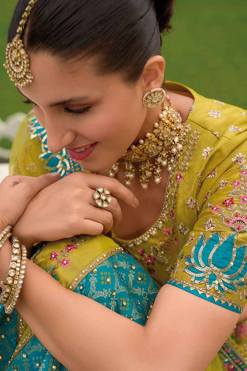 Turquoise Bridal Sangeet Silk Lehenga Choli Set SFSJDN25208