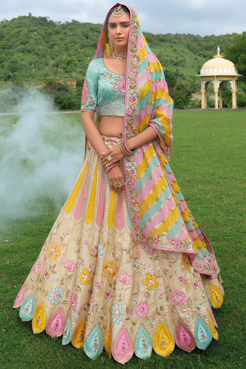 Beige Bridal Sangeet Silk Lehenga Choli Set SFSJDN25210