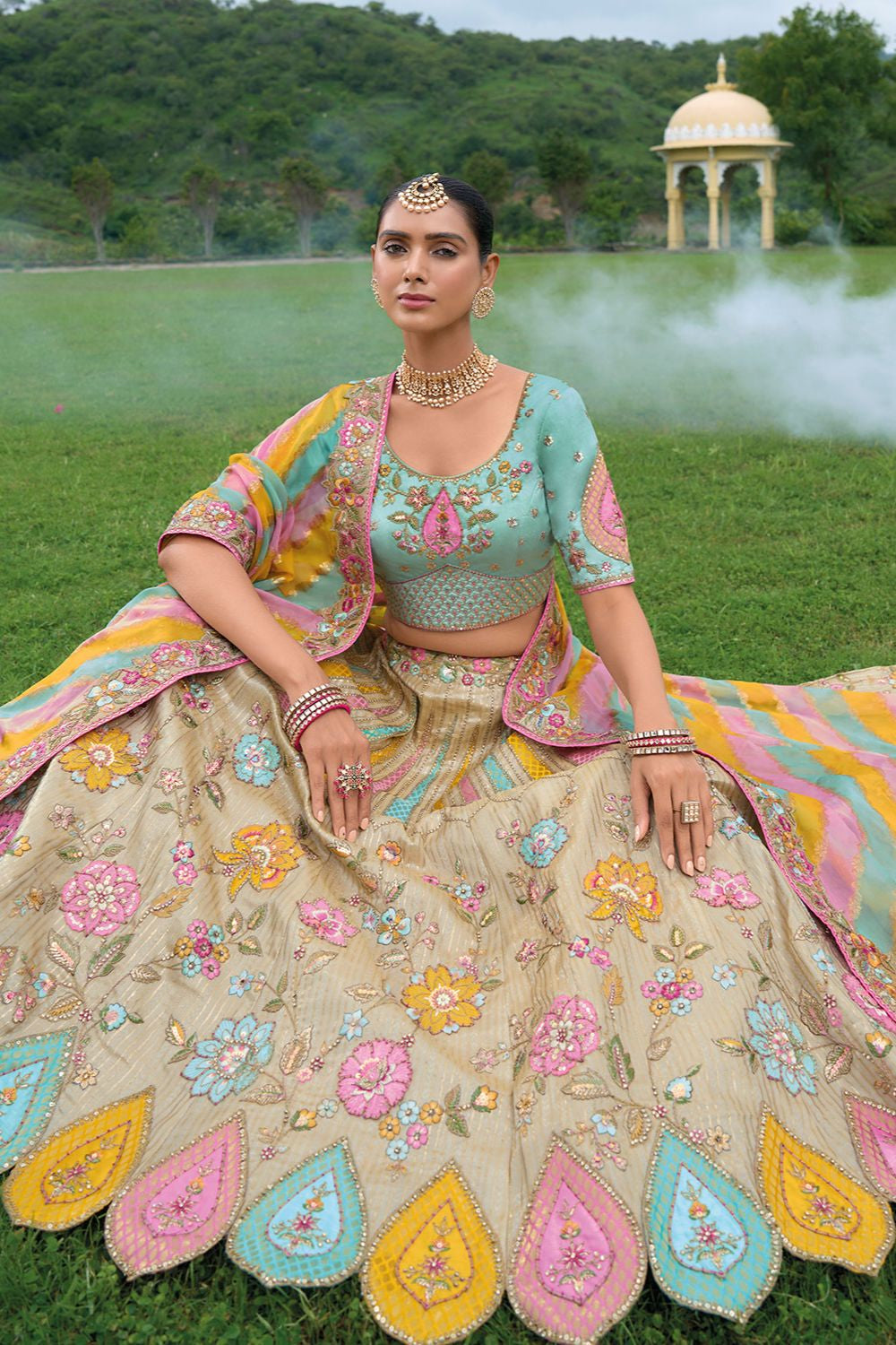 Beige Bridal Sangeet Silk Lehenga Choli Set SFSJDN25210
