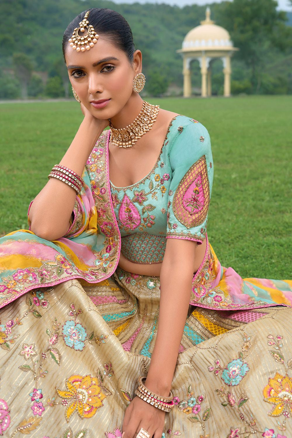 Beige Bridal Sangeet Silk Lehenga Choli Set SFSJDN25210