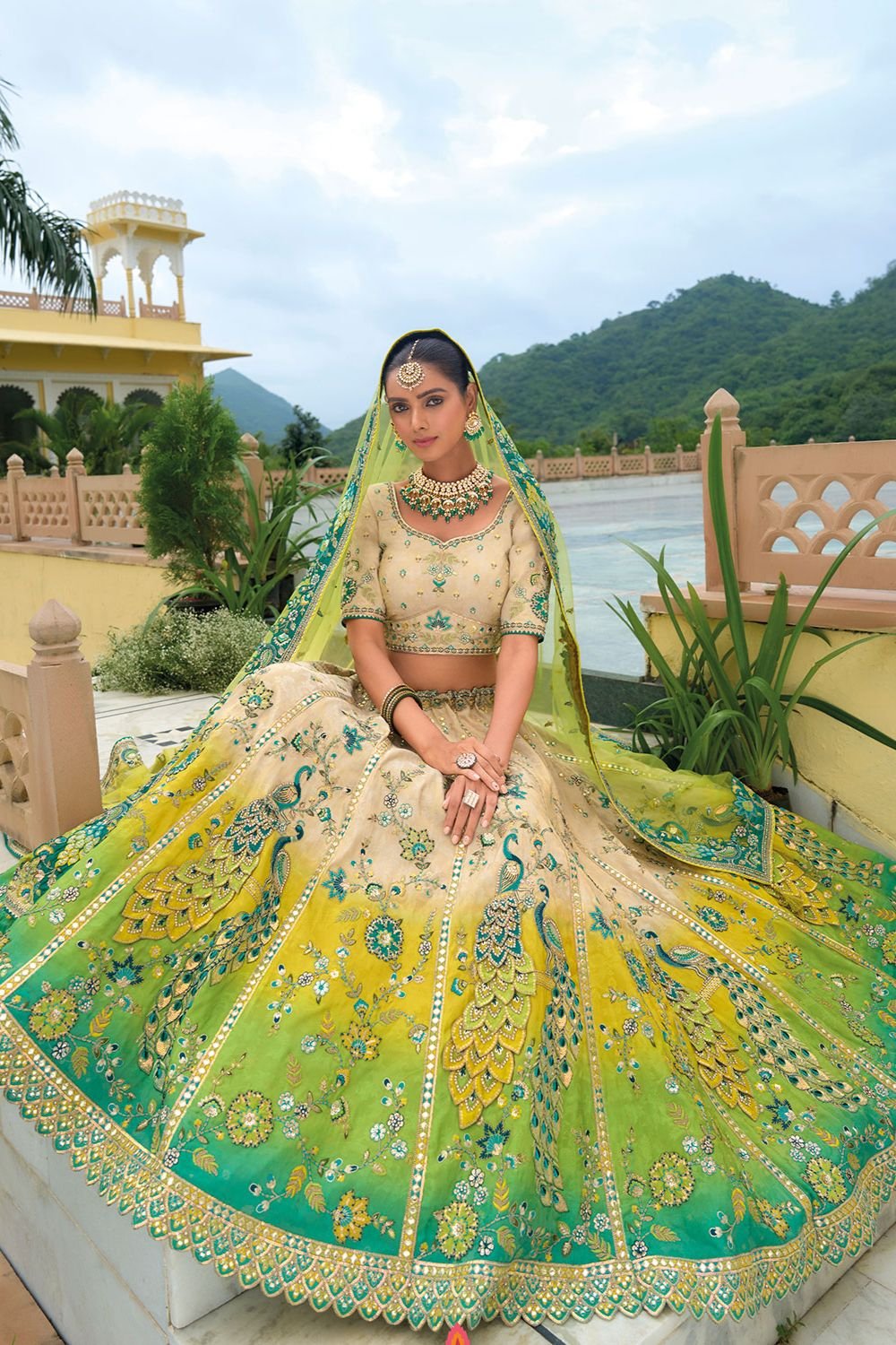 Green Bridal Sangeet Silk Lehenga Choli Set SFSJDN25212