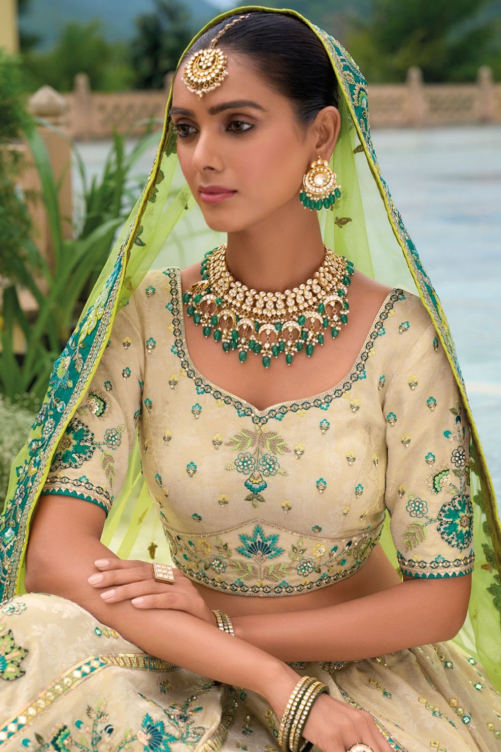 Green Bridal Sangeet Silk Lehenga Choli Set SFSJDN25212
