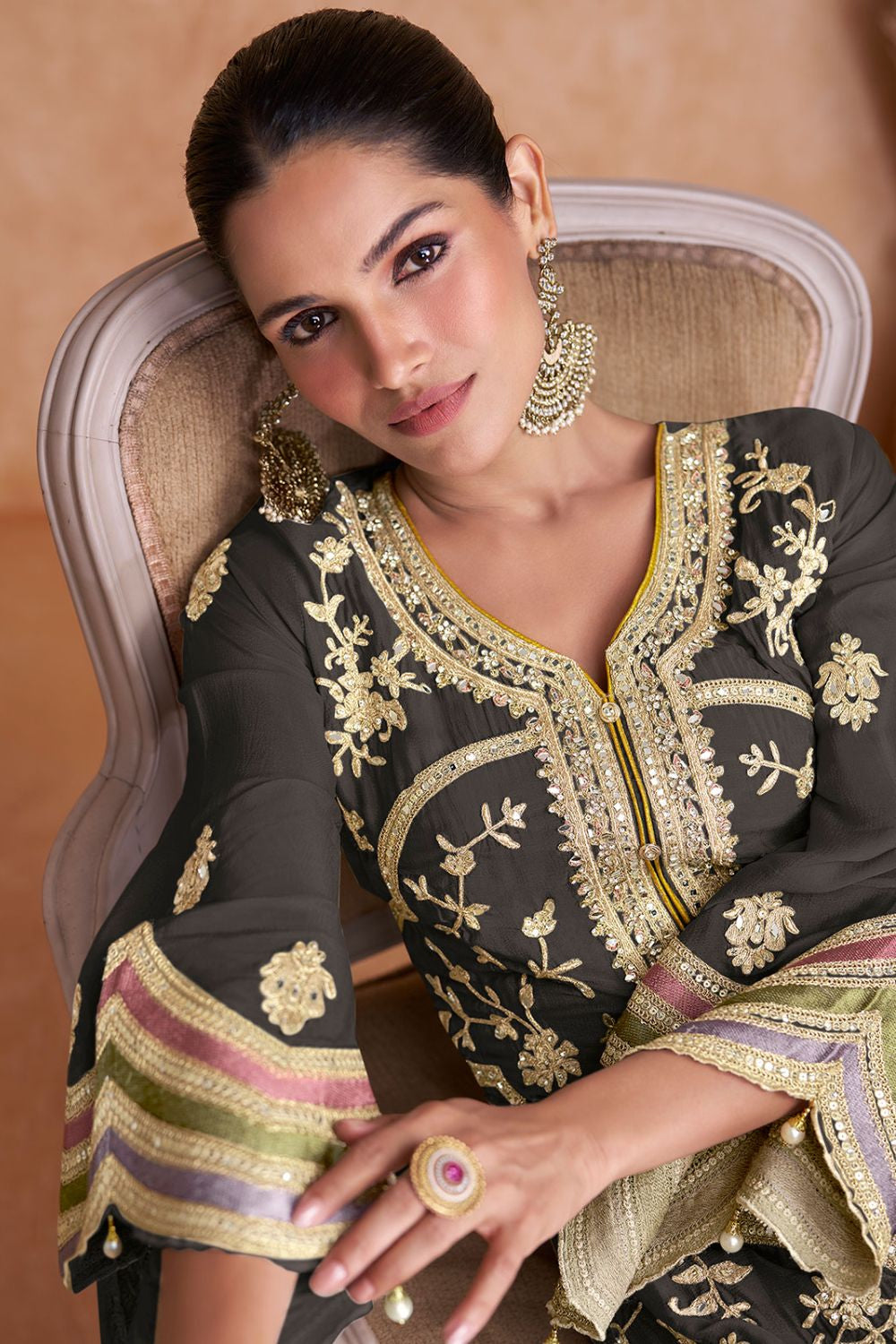 Black Magnetic Wedding Salwar Kameez In Chinnon SFYS130702R