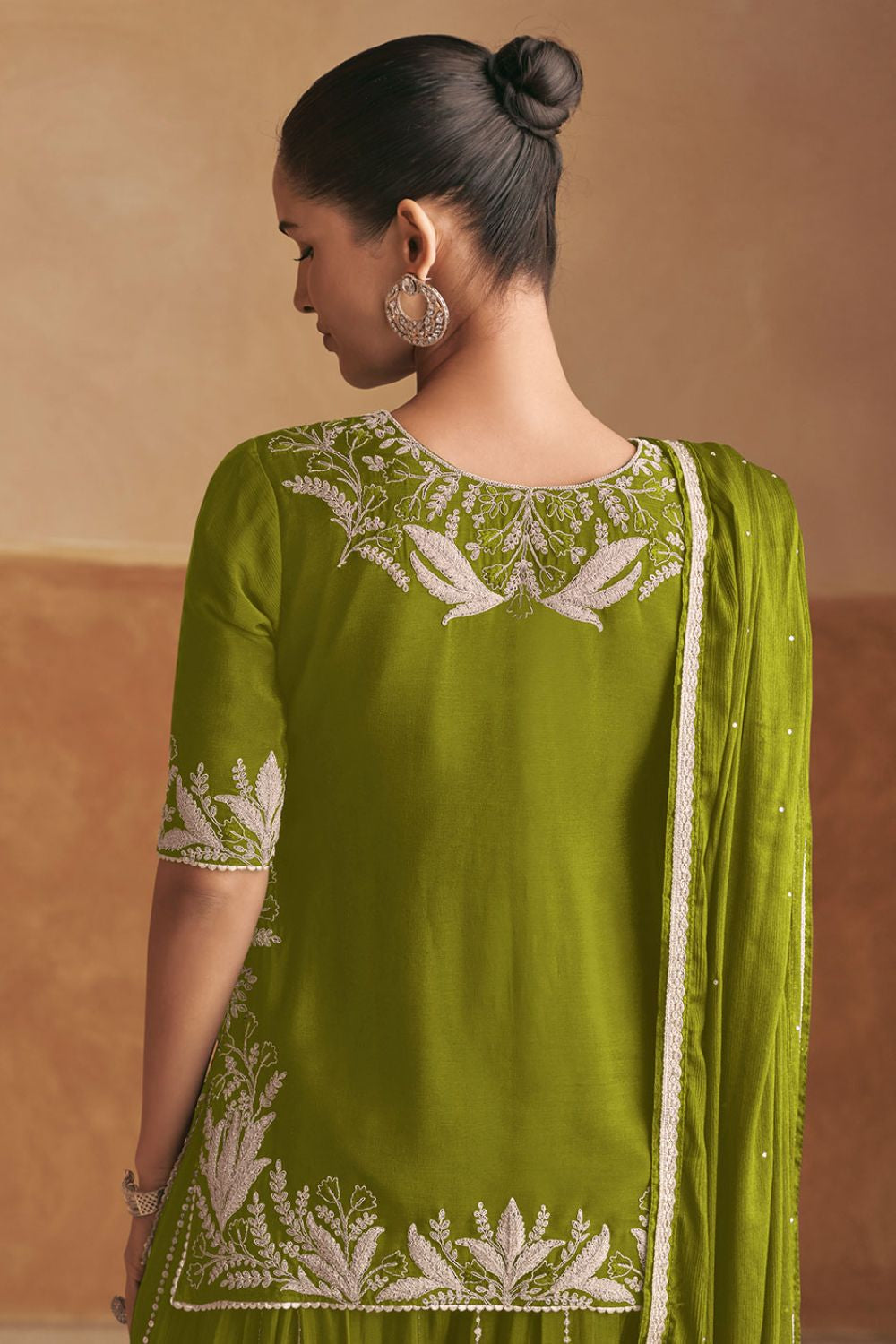 Green Sangeet Party Lehenga Choli Set In Chinnon SFSMT40702