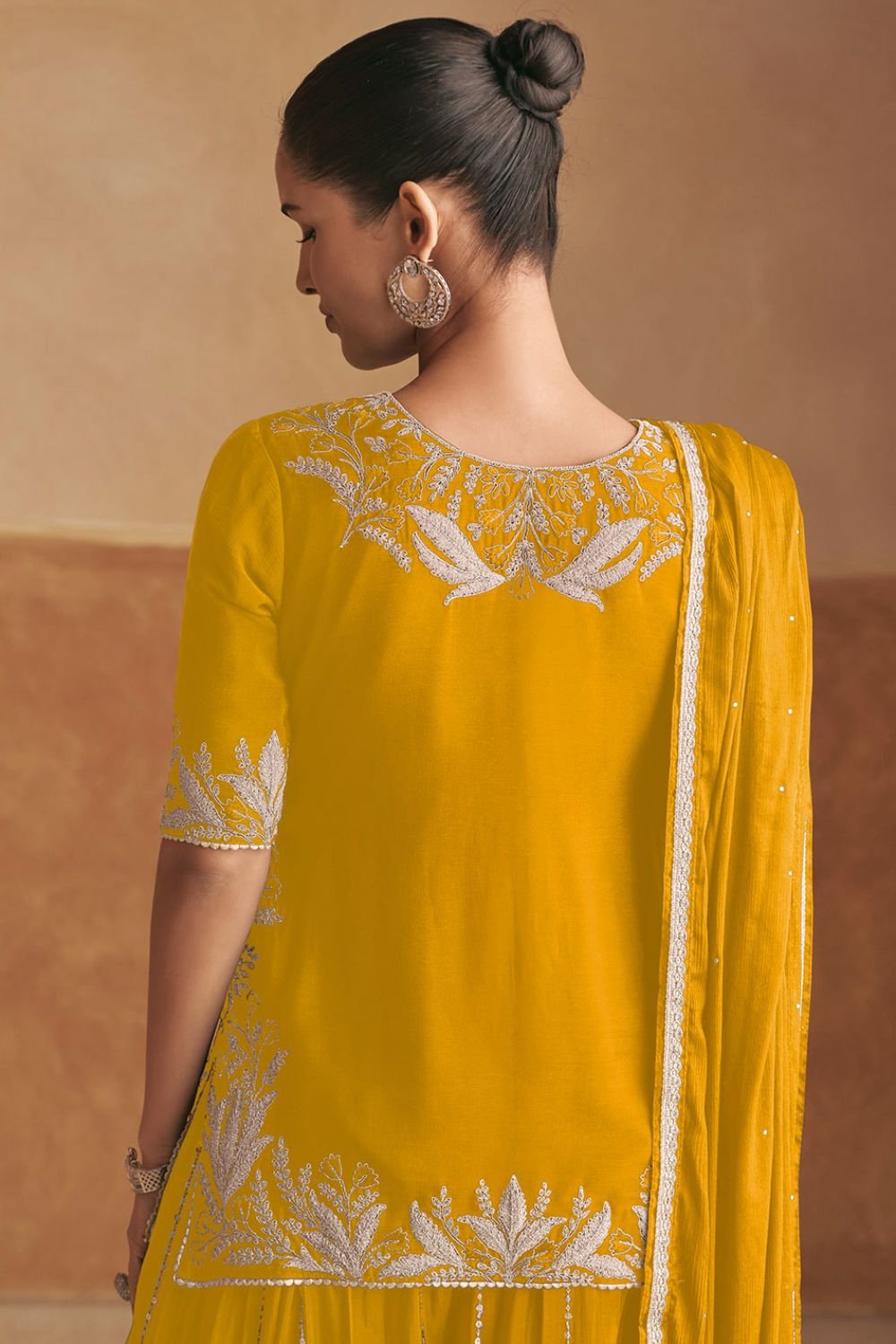Yellow Sangeet Party Lehenga Choli Set In Chinnon SFSMT40704
