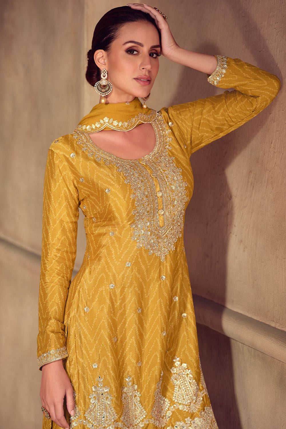 Yellow Minimalist Chinnon Palazzo Suit With Zari Embroidery Work SFYS156102R