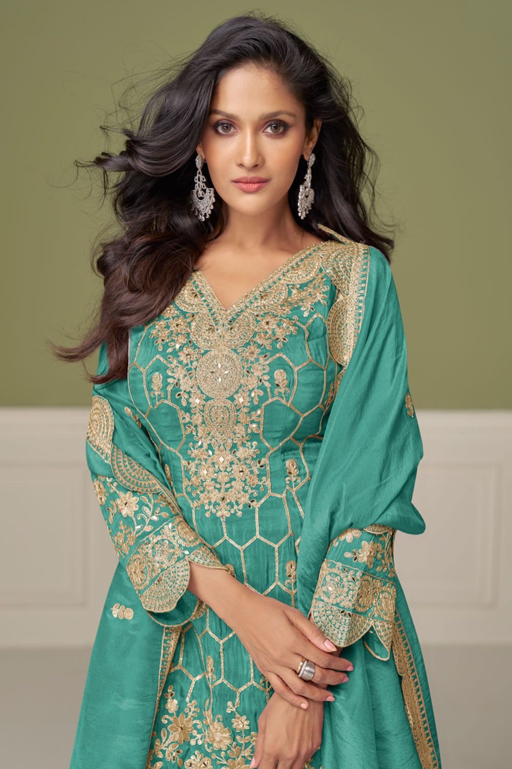 Green Silk Salwar Kameez - SFSMT48802R