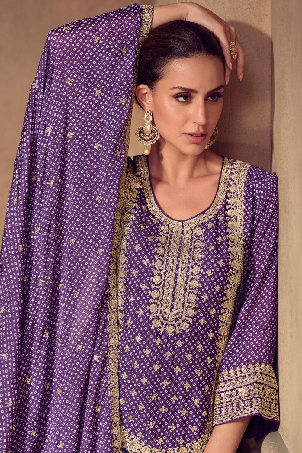Purple Chinnon Palazzo Suit In Bandhani Print SFYS156401R