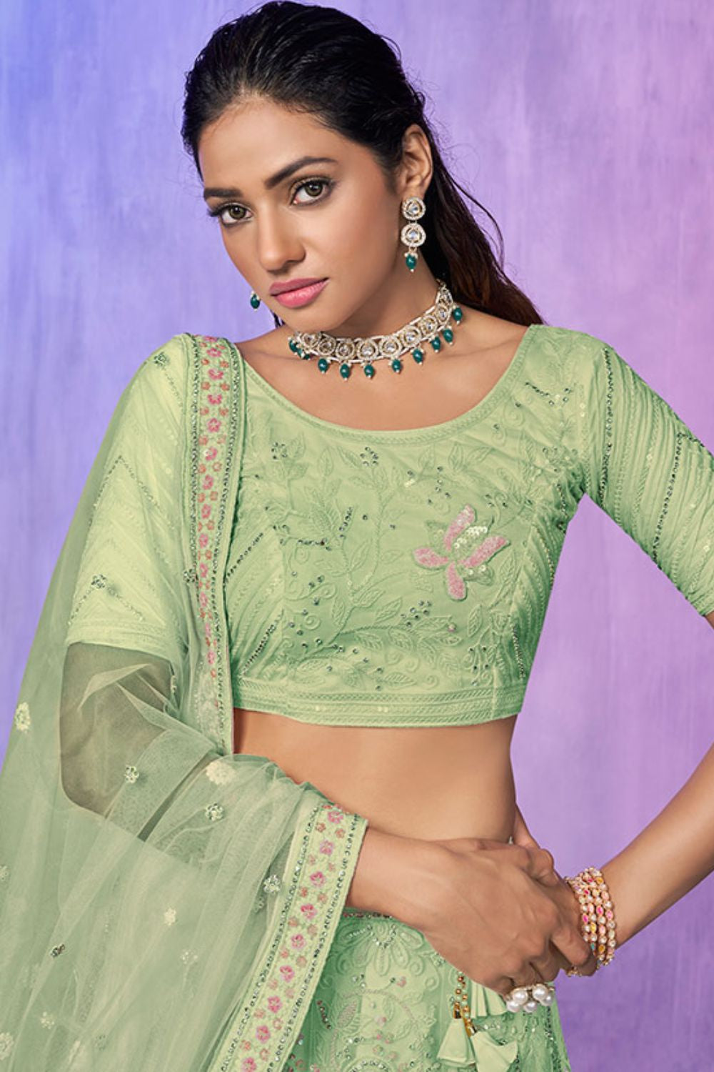 Green Net Evening Reception Lehenga Choli SFARY19513