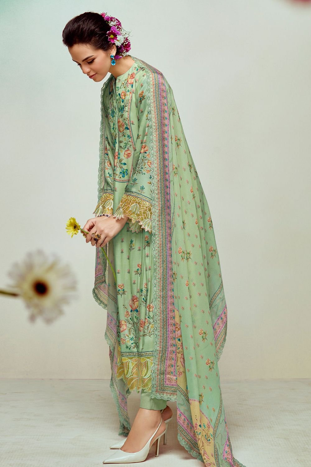 Green Plus Size Embroidered Pure Muslin Salwar Kameez SFYS155203