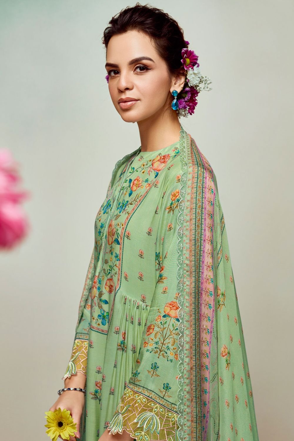 Green Plus Size Embroidered Pure Muslin Salwar Kameez SFYS155203