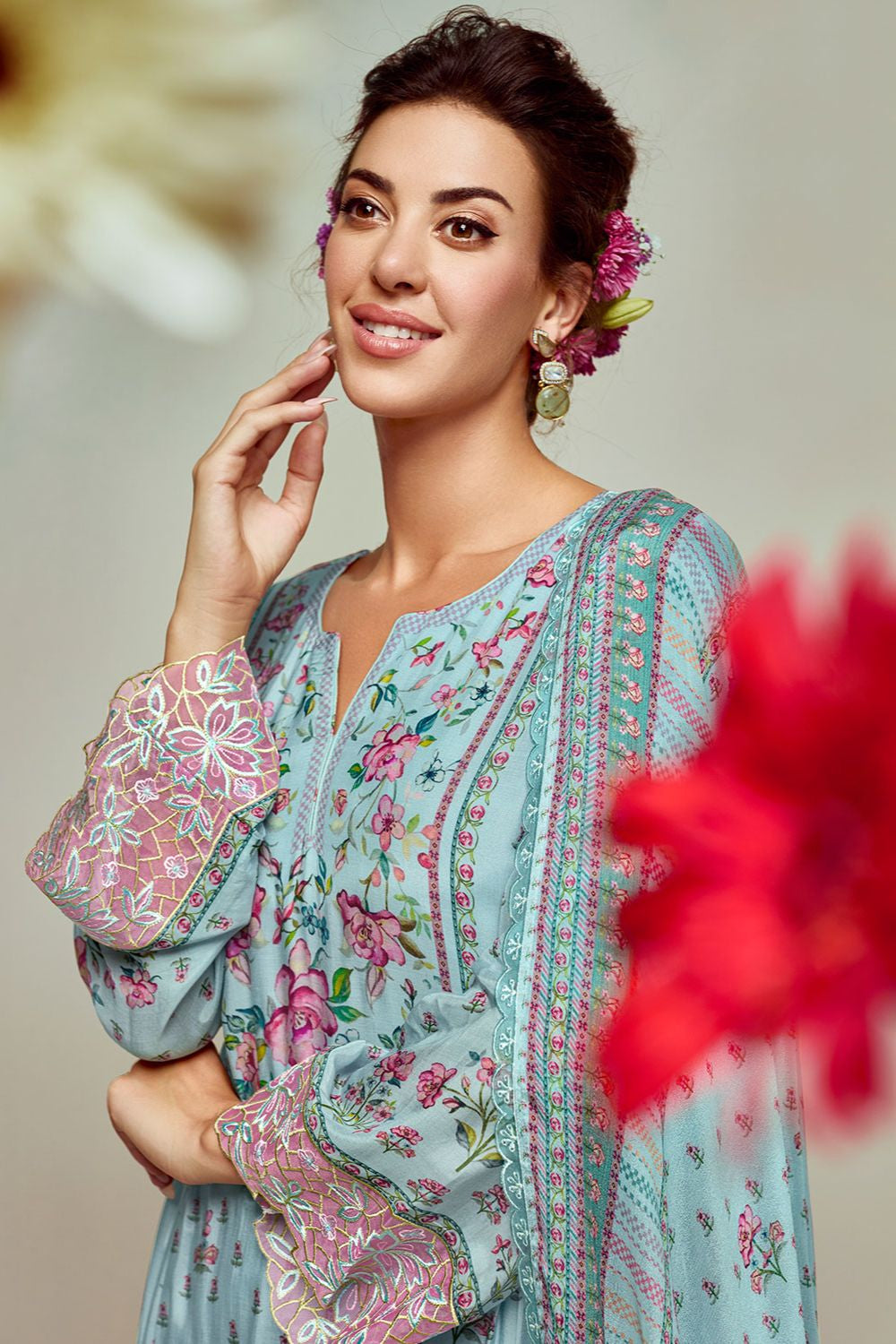 Blue Plus Size Embroidered Pure Muslin Salwar Kameez SFYS155205