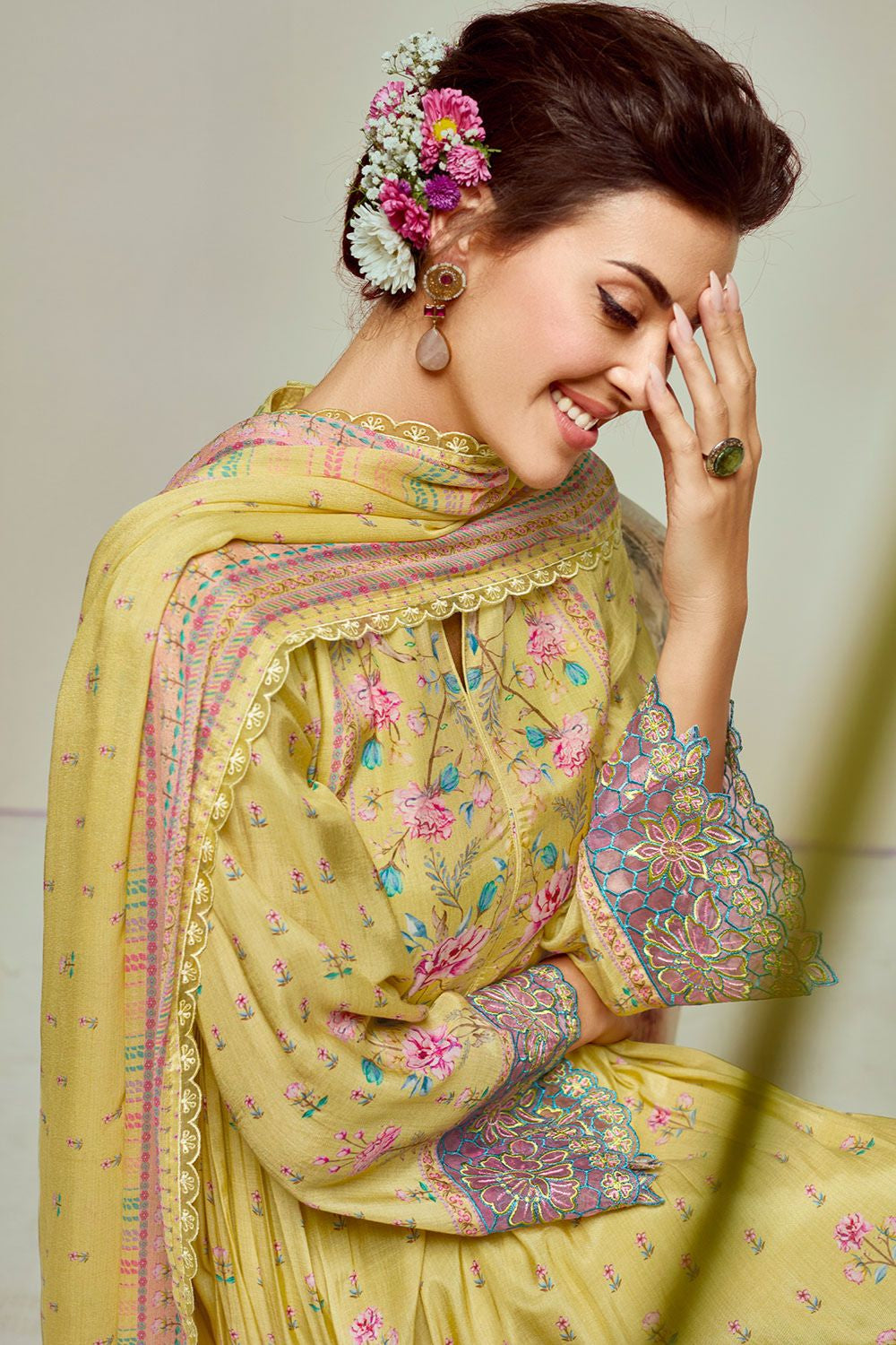 Yellow Plus Size Embroidered Pure Muslin Salwar Kameez SFYS155206