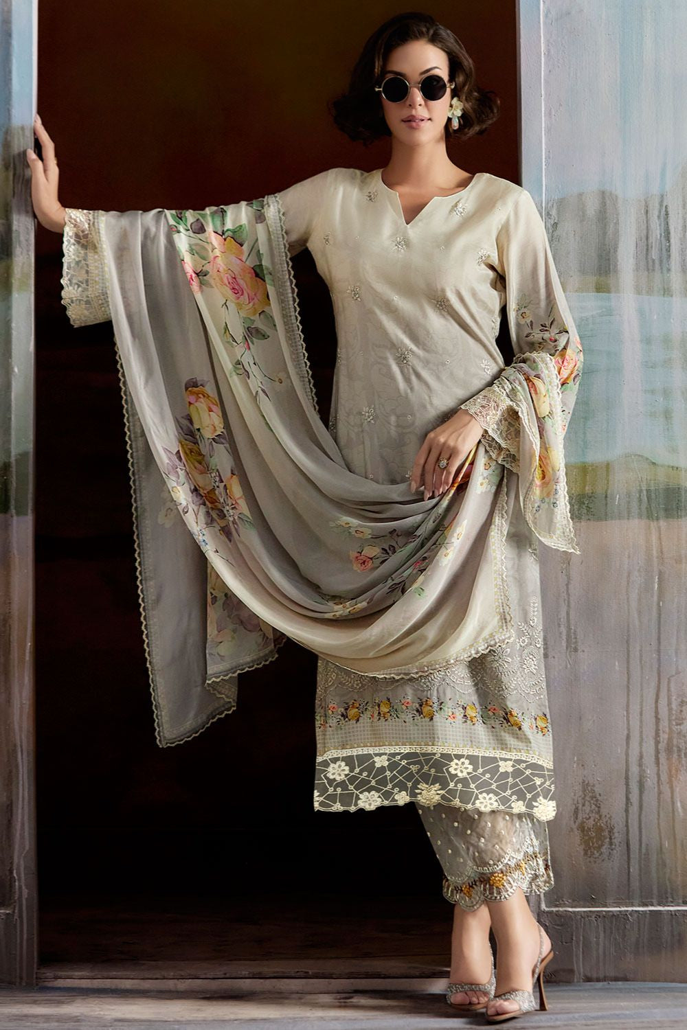 Grey Plus Size Embroidered Pure Muslin Salwar Kameez SFYS154903