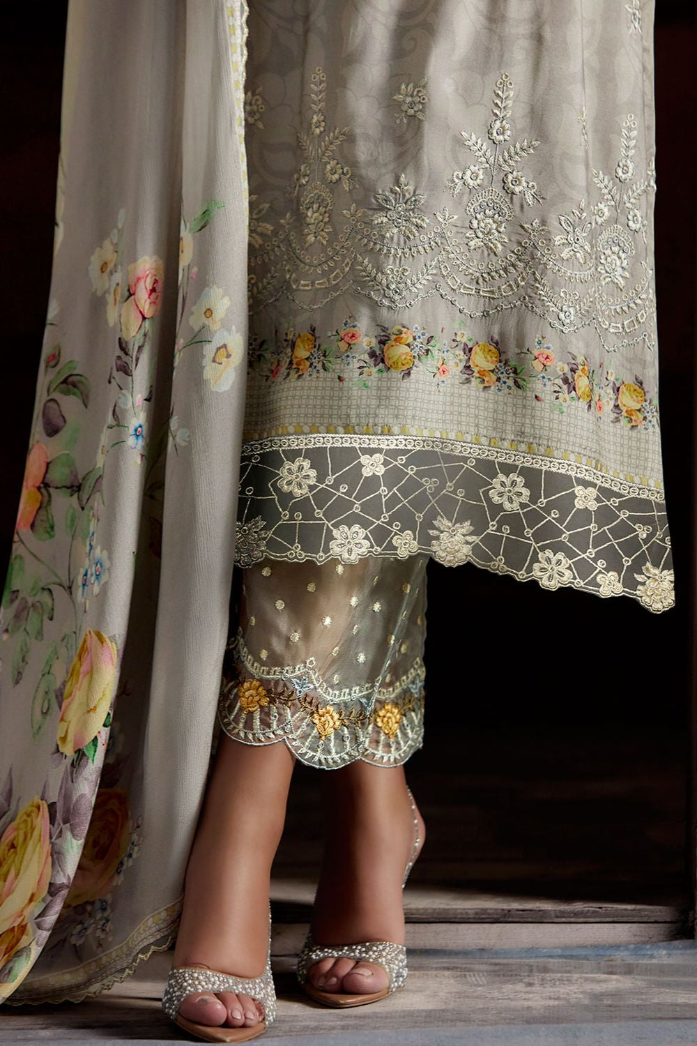 Grey Plus Size Embroidered Pure Muslin Salwar Kameez SFYS154903