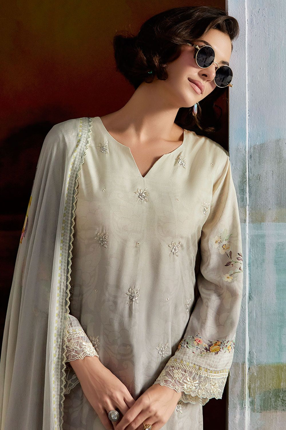 Grey Plus Size Embroidered Pure Muslin Salwar Kameez SFYS154903