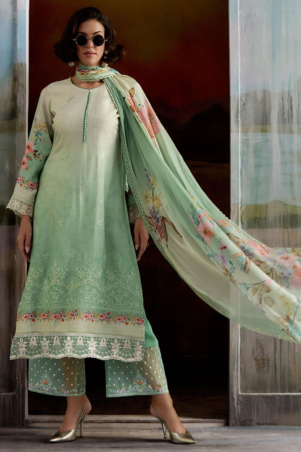 Green Plus Size Embroidered Pure Muslin Salwar Kameez SFYS154906