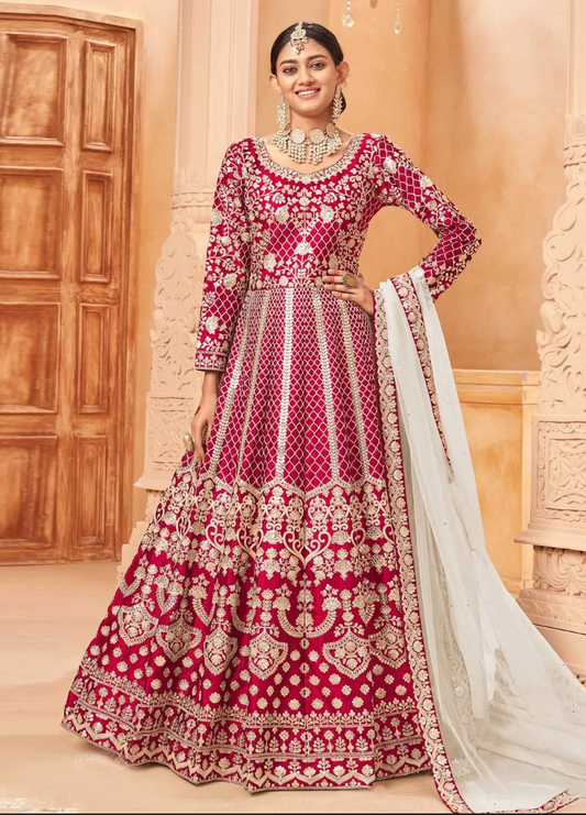 Cherry Pink Bridal Wedding Anarkali Gown In Silk SFFZ133178