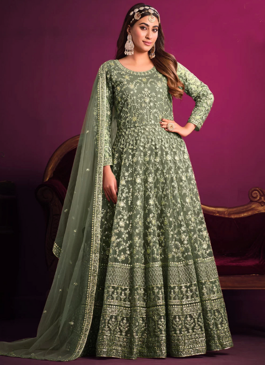 Green Net Bridal Designer Anarkali Gown SFFZ132408