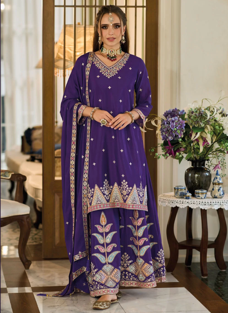 Purple Readymade Wedding Sangeet Palazzo Suit In Chinon SFSR278678