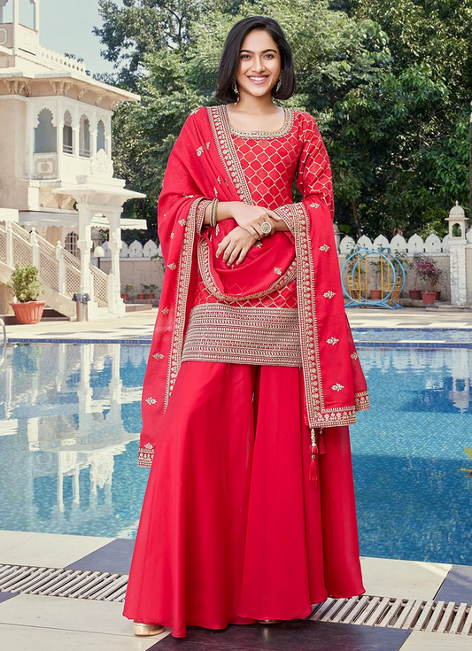 Red Wedding Sangeet Party Palazzo Suit In Silk SFSR279054