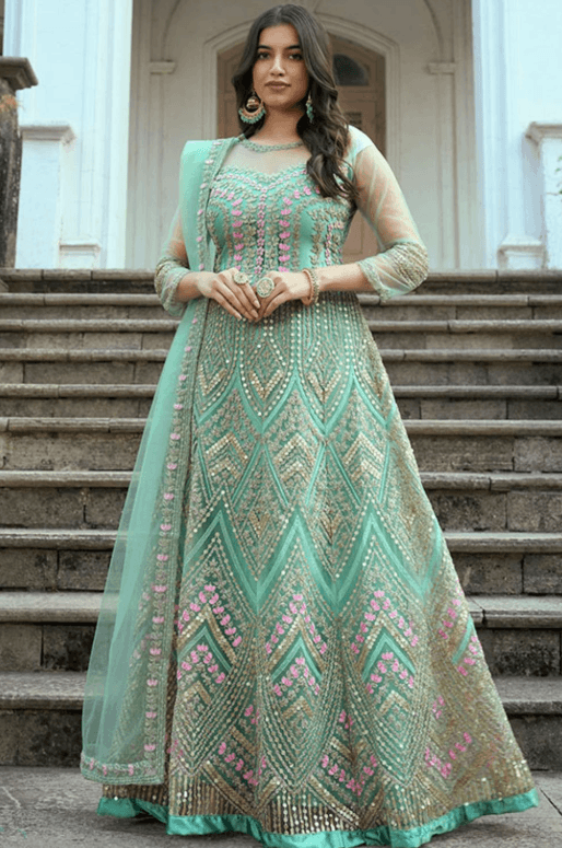 Green Bridal Reception Anarkali Suit Gown In Net SFSMT10202 I want my Salwar Kameez to be Un-Stitched - Chest (32-42) - (XS - 2XLarge) / Net / Green Green Bridal Reception Anarkali Suit Gown In Net SFSMT10202 I want my Salwar Kameez to be Un-Stitched - Chest (32-42) - (XS - 2XLarge) / Net / Green