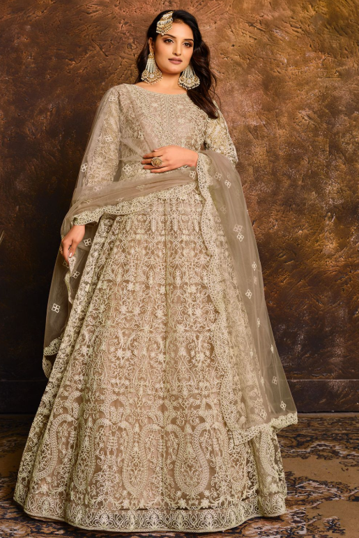 Grey Bridal Plus Size Anarkali Suit In Net SFDFS14802