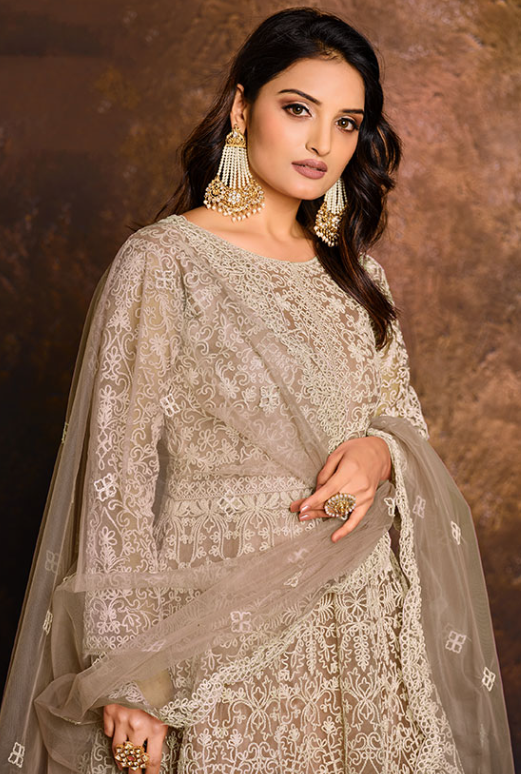 Grey Bridal Plus Size Anarkali Suit In Net SFDFS14802