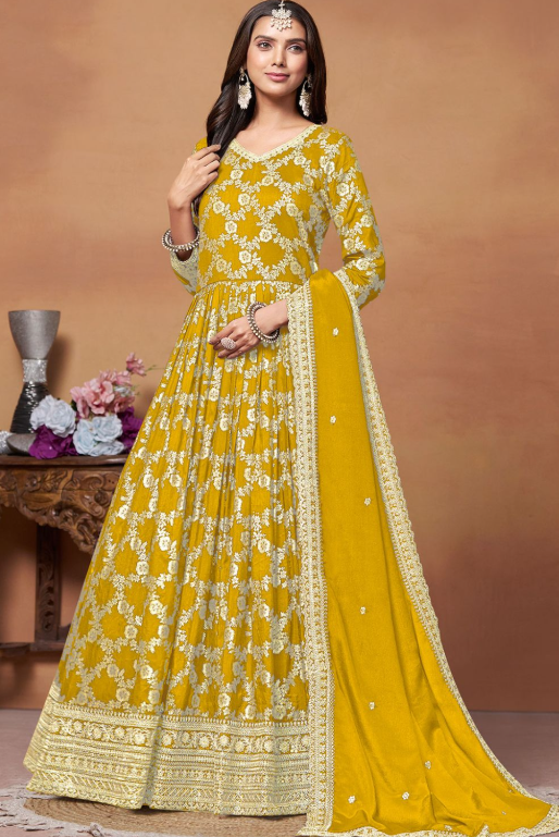 Yellow Sangeet Party Plus Size Anarkali Suit In Jacquard Silk SFDFS29201