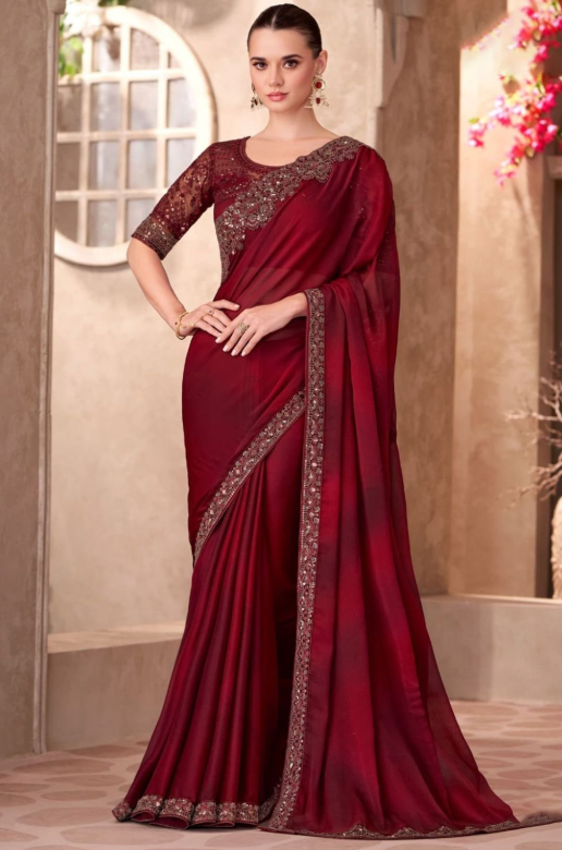 Wine Heavy Wedding Designer Saree In Silk SFJDN31301