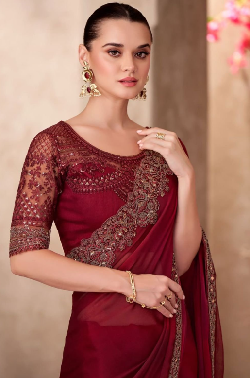 Wine Heavy Wedding Designer Saree In Silk SFJDN31301