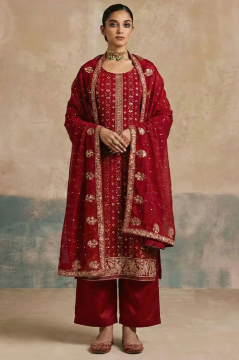 Maroon Wedding Palazzo Suit Salwar Kameez In Georgette SFSA555101R