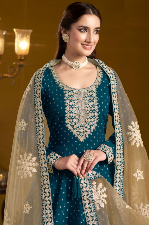 Teal Blue Plus Size Anarkali Suit In Chanderi Silk SFDFS31603