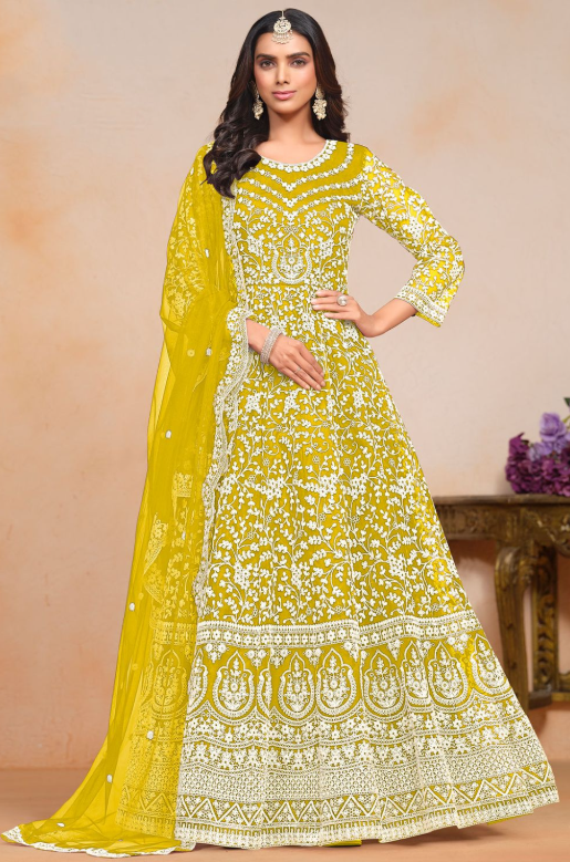 Yellow Sangeet Party Plus Size Anarkali Suit In Net SFDFS30801