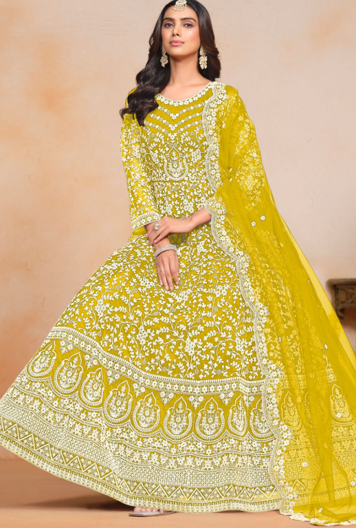 Yellow Sangeet Party Plus Size Anarkali Suit In Net SFDFS30801