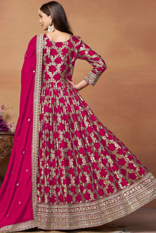 Pink Sangeet Party Plus Size Anarkali Suit In Jacquard Silk SFDFS29204