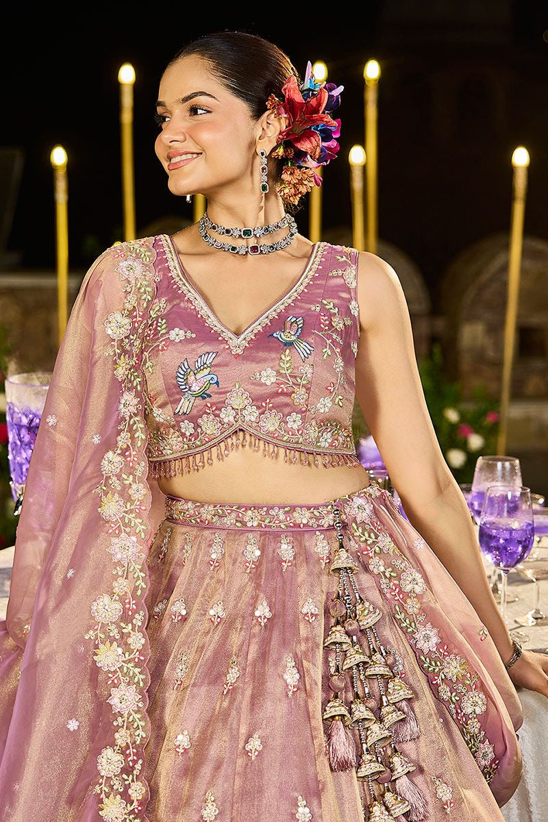 Brown Tissue Wedding Party Lehenga Choli SFPRF261508R