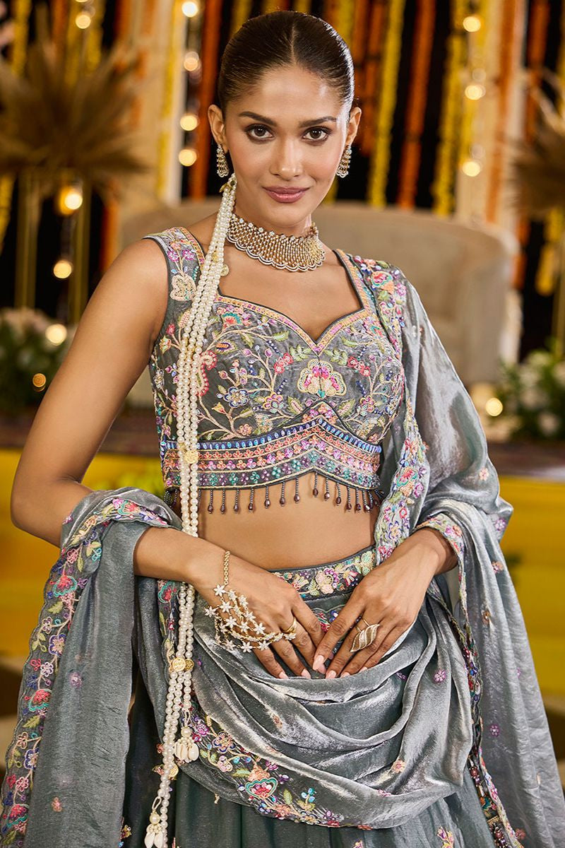 Grey Tissue Wedding Party Lehenga Choli SFPRF261509R
