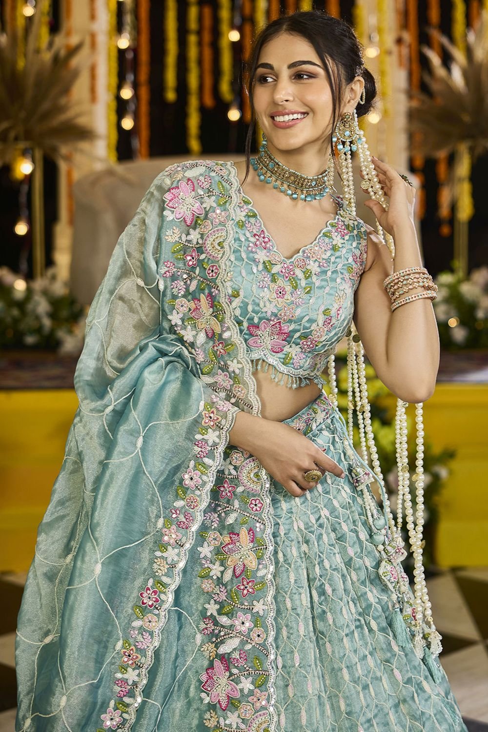 Green Silk Lehenga Choli - SFPRF261704R