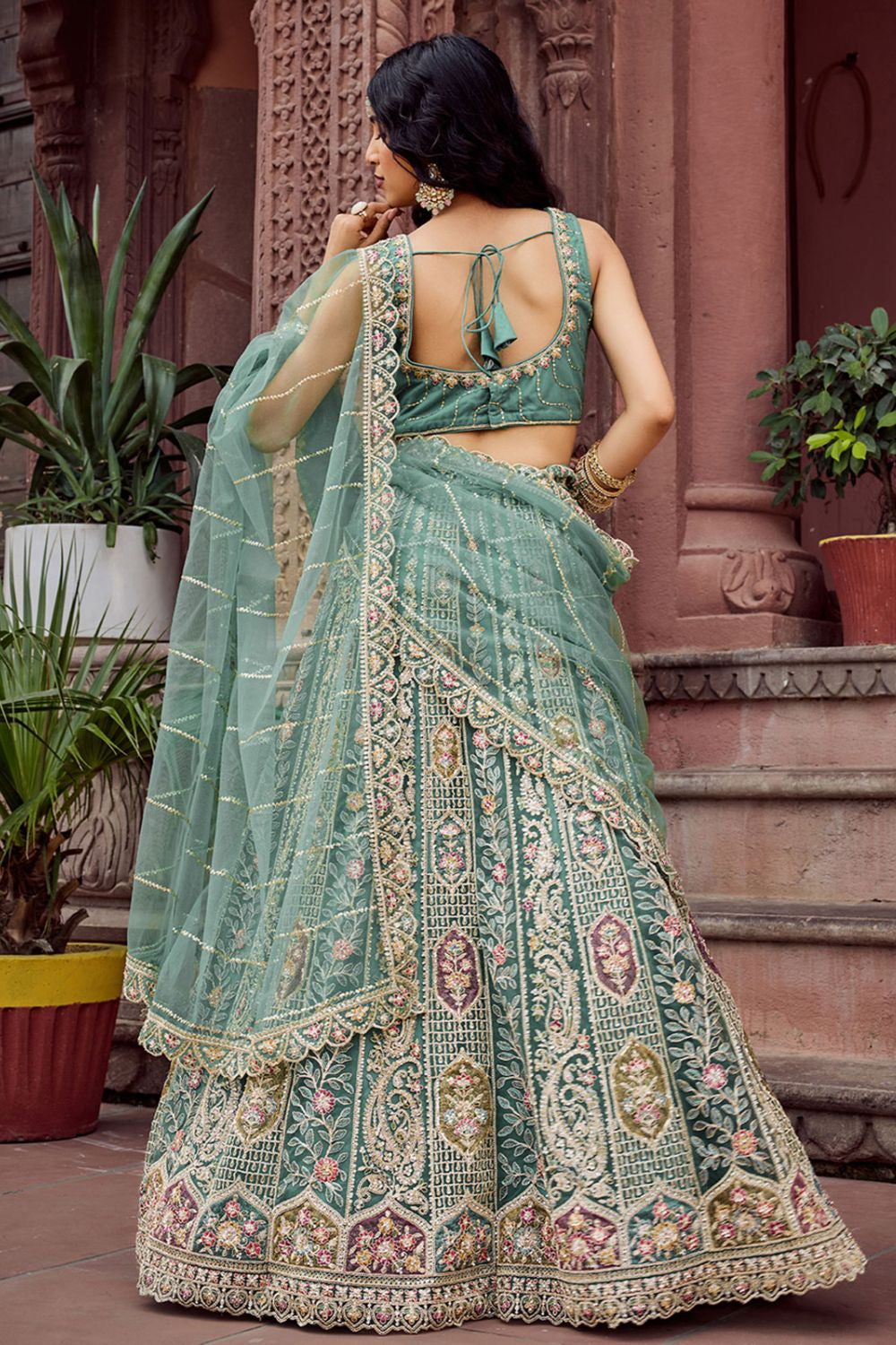 Green Net Wedding Sangeet Lehenga Choli SFPRF265601