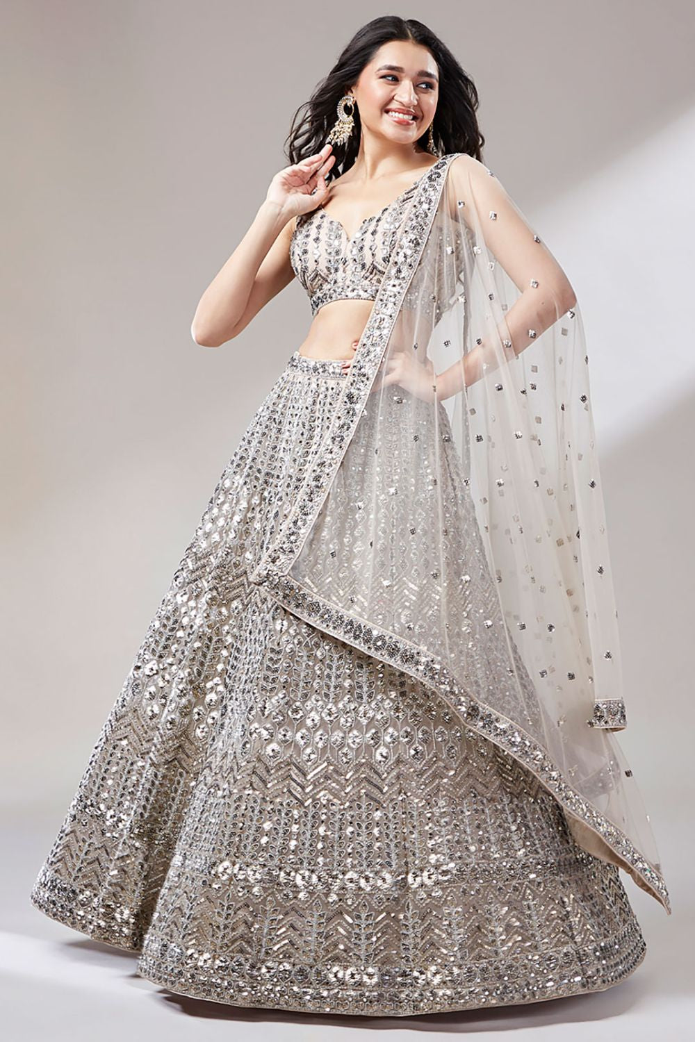 Beige Cocktail Evening Net Lehenga Choli SFROY522407