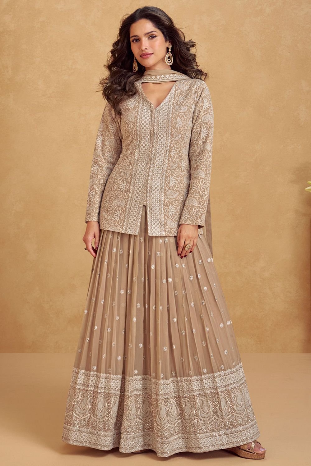 Beige Georgette Palazzo Suit With Sequins Embroidery SFYS152603R