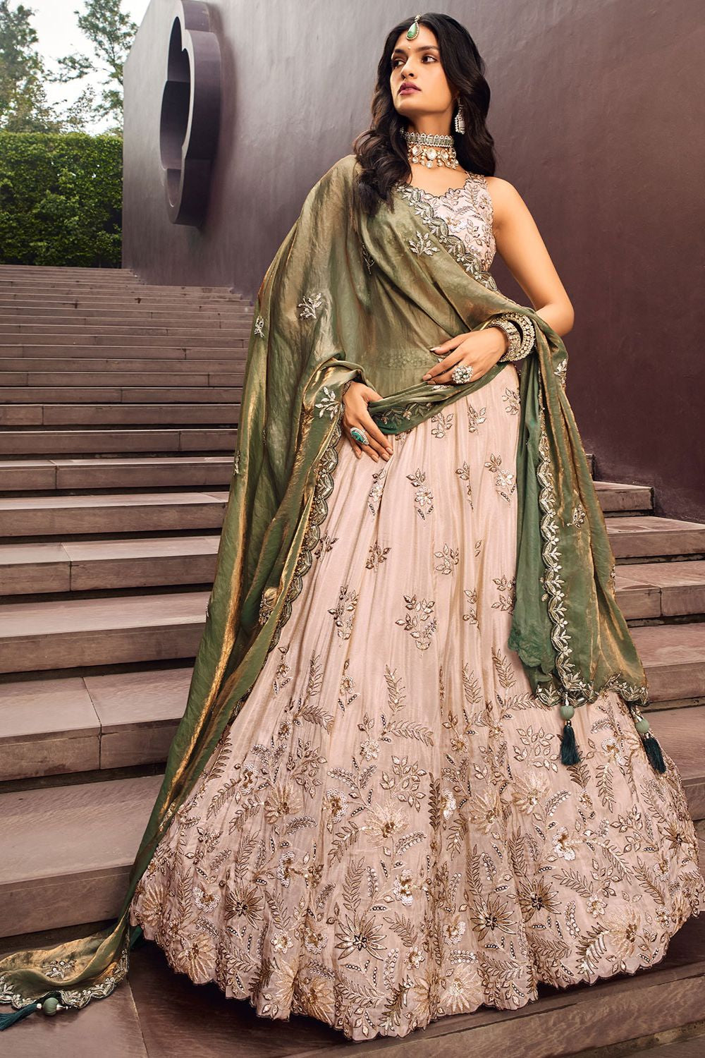 Beige Bridal Reception Party Viscose Silk Lehenga Choli SFSA495201