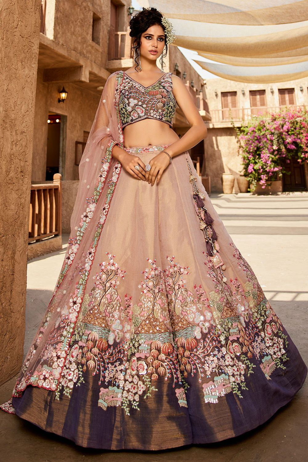 Beige Net Wedding Cocktail Lehenga Choli SFROY518803